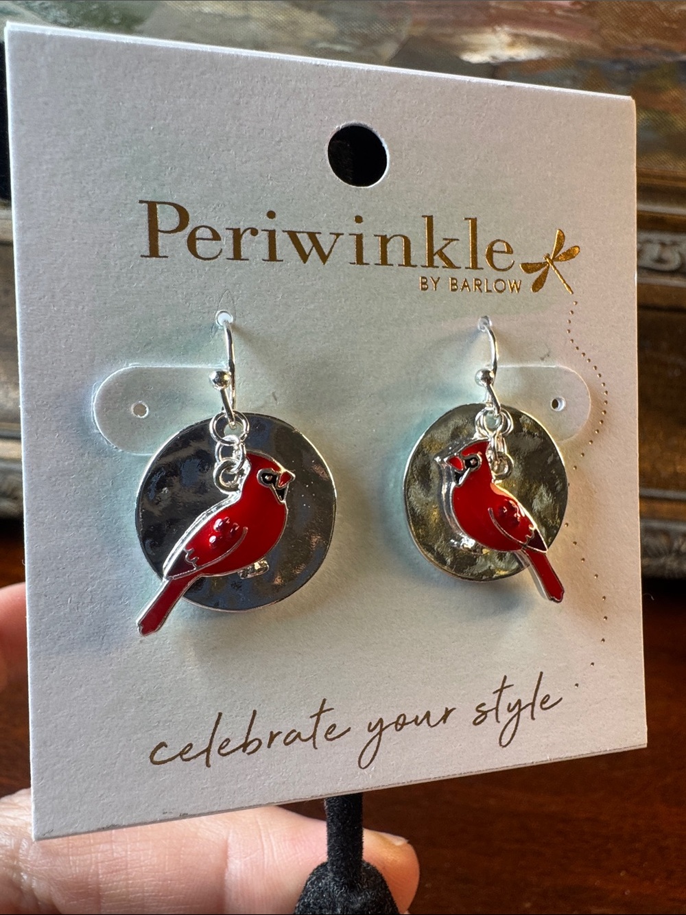 0452-periwinkle by Barlow Red Cardinal Dangle Earrings for Birds Lovers